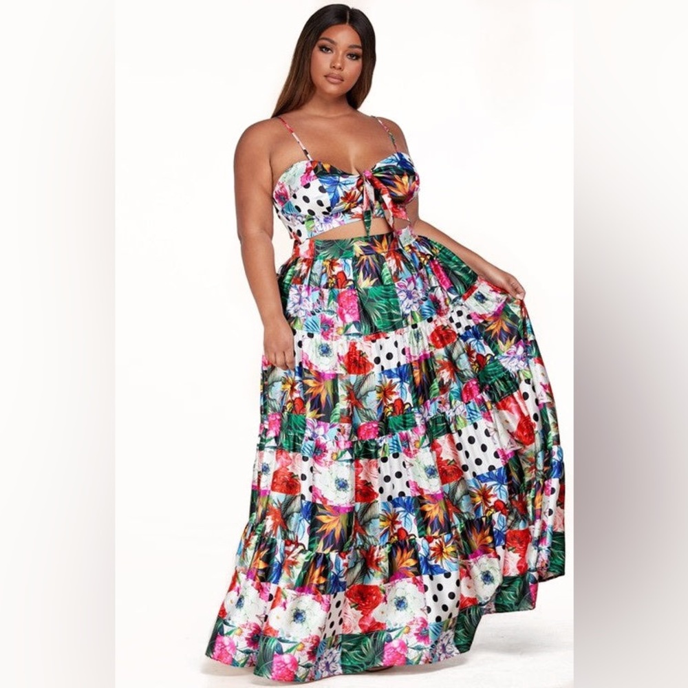 LATISTE Plus Size Print Party Lace-Up Back Maxi Skirt Two Piece Set